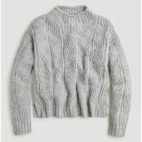 J. Crew Pointelle Cable Knit Sweater Medium Gray Mockneck Alpaca Blend Cottage - Picture 1 of 11